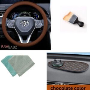 Rawgadz 4-in-1 গাড়ির Combo Set – Premium Steering Cover (৫ রঙে) + Anti-Skid Mobile Holder Mat + AC Cleaner Brush + 2  microfiber fabric cleaning towel